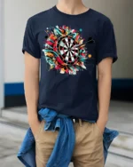 Graffiti Dartboard T-Shirt - Target Hit Style - model wearing navy shirt, hands in pockets