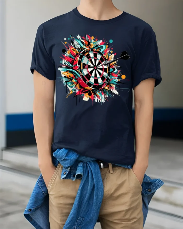 Graffiti Dartboard T-Shirt - Target Hit Style - model wearing navy shirt, hands in pockets