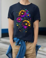 Neon Bloom Floral T-Shirt - Colorful Flower Art - model wearing navy shirt, hands in pockets