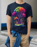 Rainbow Fantasy Tree Nature Art T-Shirt - model wearing navy shirt, hands in pockets