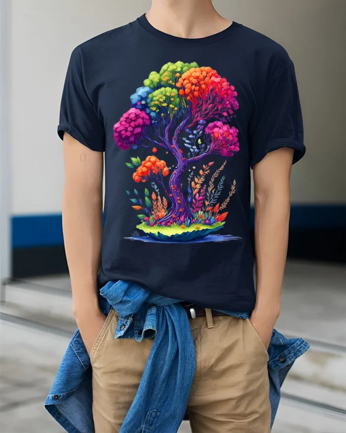 Rainbow Fantasy Tree Nature Art T-Shirt - model wearing navy shirt, hands in pockets