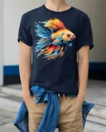 Colorful Betta Fish Art Graphic T-Shirt - model wearing navy shirt, hands in pockets