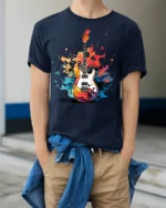 Electric Guitar Splash Art Graphic T-Shirt - model wearing navy shirt, hands in pockets
