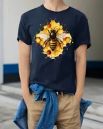 Honey Bee and Honeycomb Art Graphic T-Shirt - model wearing navy shirt, hands in pockets