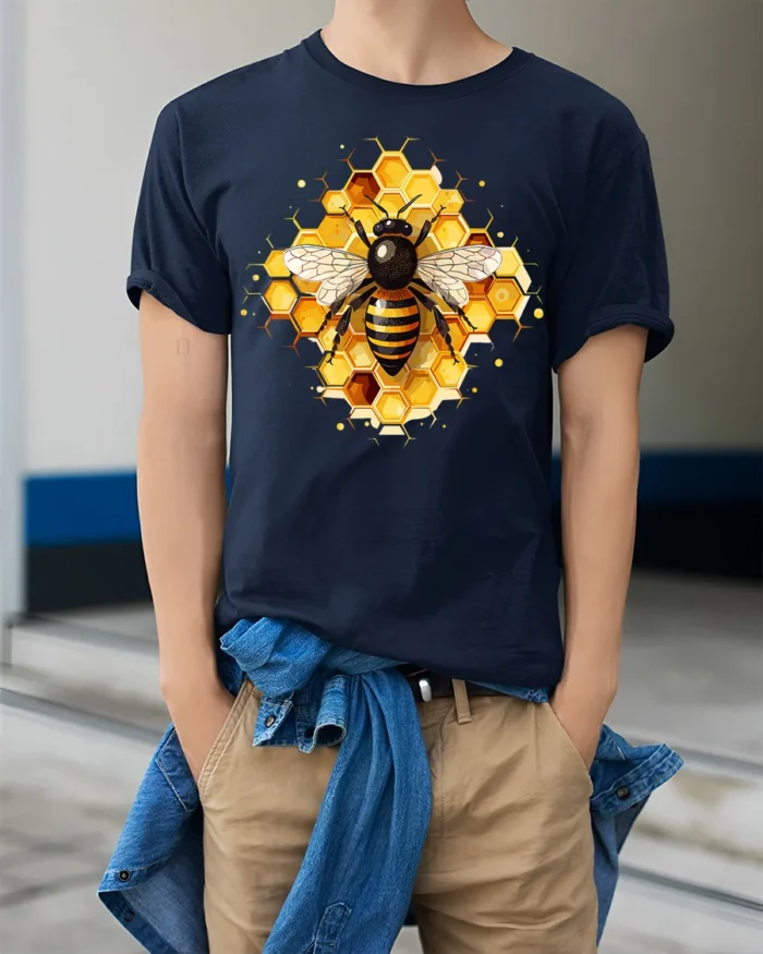Honey Bee and Honeycomb Art Graphic T-Shirt - model wearing navy shirt, hands in pockets