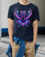 Mystic Neon Owl Art Graphic T-Shirt - model wearing navy shirt, hands in pockets