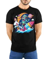 Alien Surfer Rocket Ride Graphic T-Shirt - model wearing black shirt, hands behind back