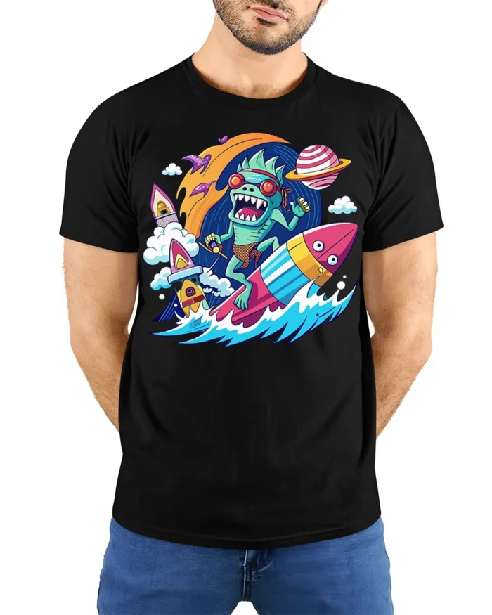 Alien Surfer Rocket Ride Graphic T-Shirt - model wearing black shirt, hands behind back