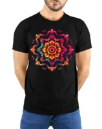 Boho Mandala Flower Burst T-Shirt - model wearing black shirt, hands behind back