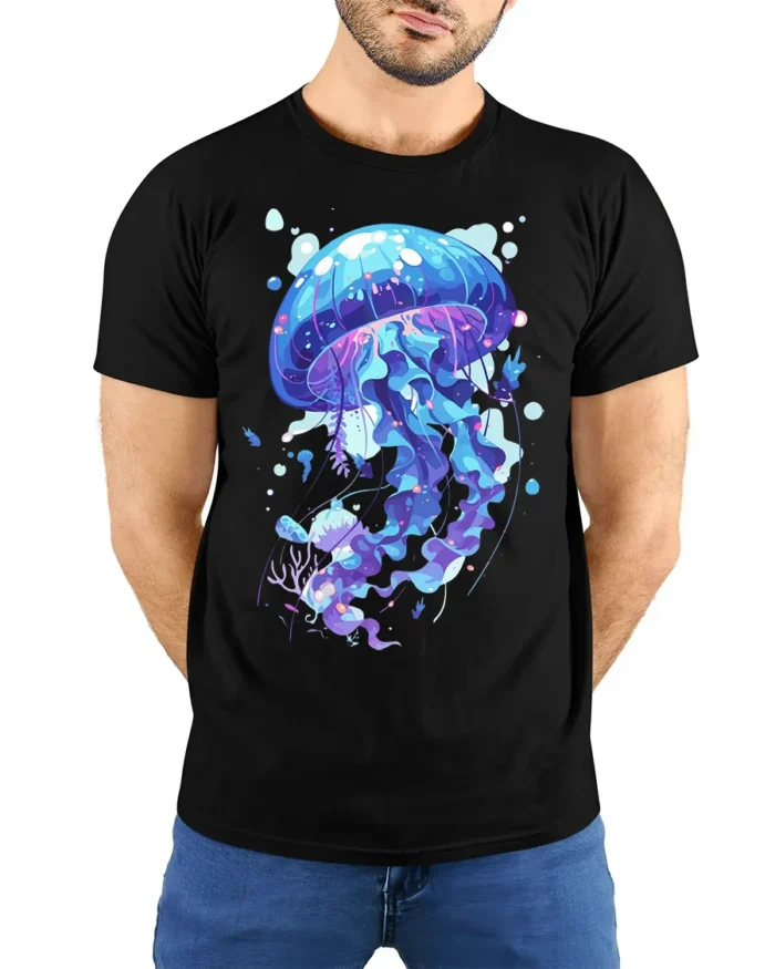 Mystic Jellyfish T-Shirt - Ocean Art Style - model wearing black shirt, hands behind back