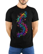 Psychedelic Swirl T-Shirt - Rainbow Art Print - model wearing black shirt, hands behind back