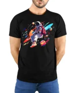 Colorful Astronaut T-Shirt - Space Art Design - model wearing black shirt, hands behind back