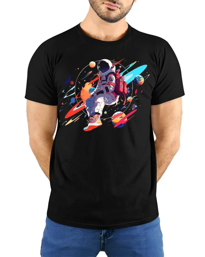 Colorful Astronaut T-Shirt - Space Art Design - model wearing black shirt, hands behind back