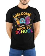 Welcome Back to School T-Shirt - Cute Cartoon Style - model wearing black shirt, hands behind back