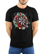Graffiti Dartboard T-Shirt - Target Hit Style - model wearing black shirt, hands behind back