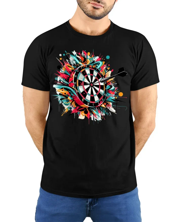 Graffiti Dartboard T-Shirt - Target Hit Style - model wearing black shirt, hands behind back
