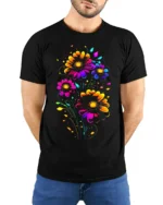 Neon Bloom Floral T-Shirt - Colorful Flower Art - model wearing black shirt, hands behind back