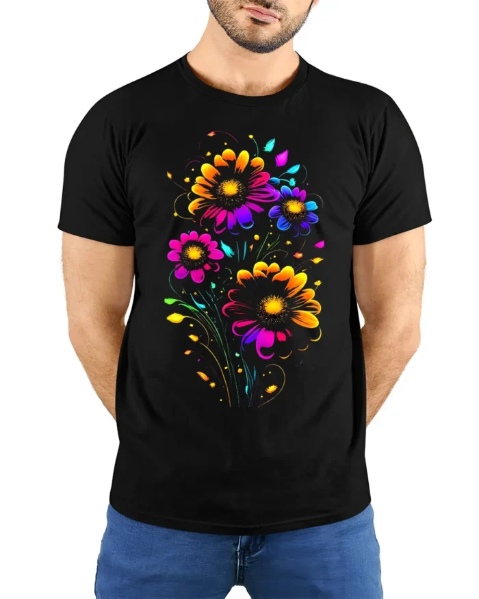 Neon Bloom Floral T-Shirt - Colorful Flower Art - model wearing black shirt, hands behind back