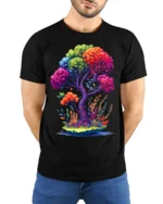 Rainbow Fantasy Tree Nature Art T-Shirt - model wearing black shirt, hands behind back