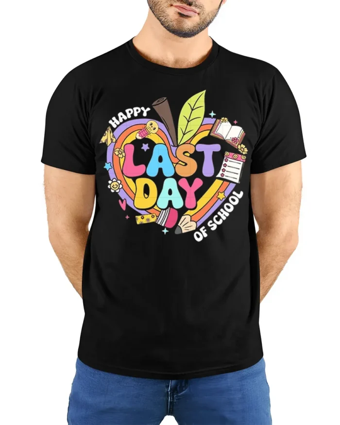 Happy Last Day of School T-Shirt - model wearing black shirt, hands behind back