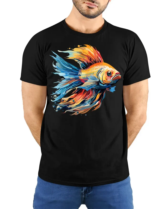 Colorful Betta Fish Art Graphic T-Shirt - model wearing black shirt, hands behind back