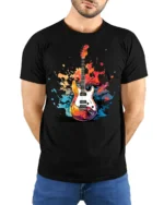Electric Guitar Splash Art Graphic T-Shirt - model wearing black shirt, hands behind back