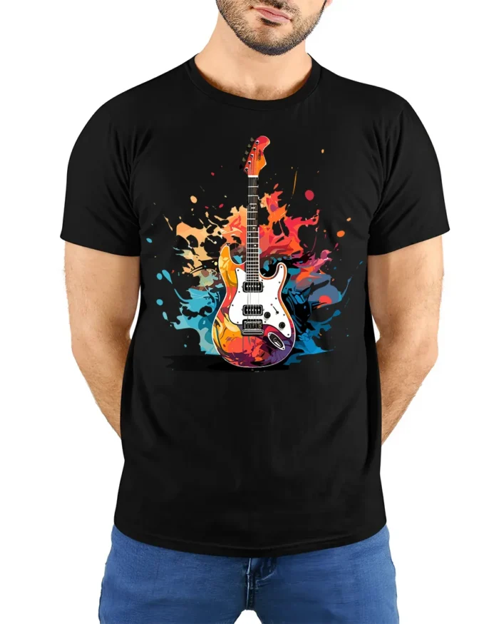 Electric Guitar Splash Art Graphic T-Shirt - model wearing black shirt, hands behind back