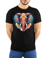Colorful Elephant Tribal Art T-Shirt Design - model wearing black shirt, hands behind back