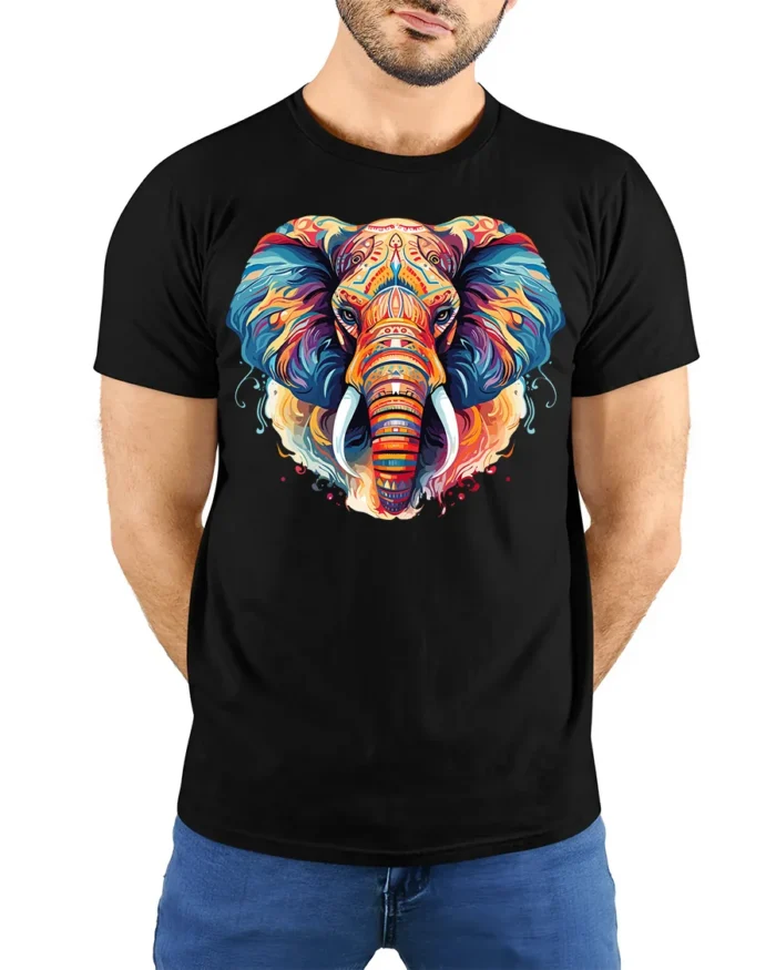 Colorful Elephant Tribal Art T-Shirt Design - model wearing black shirt, hands behind back