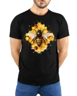 Honey Bee and Honeycomb Art Graphic T-Shirt - model wearing black shirt, hands behind back