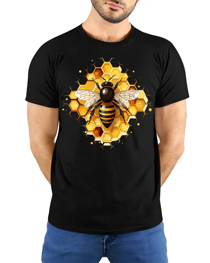Honey Bee and Honeycomb Art Graphic T-Shirt - model wearing black shirt, hands behind back