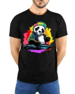 DJ Panda Party Mix Graphic T-Shirt for Fun - model wearing black shirt, hands behind back