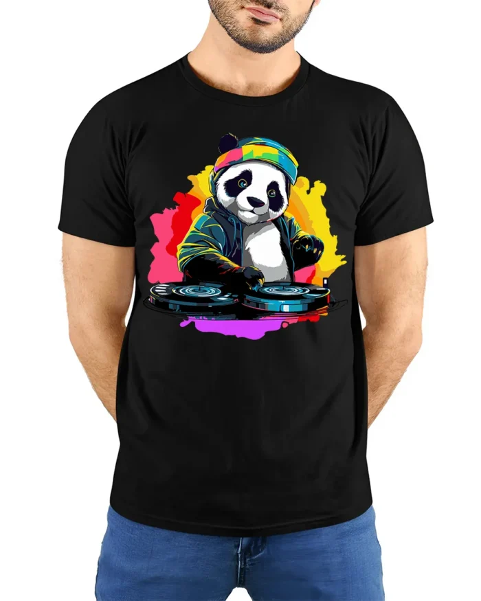 DJ Panda Party Mix Graphic T-Shirt for Fun - model wearing black shirt, hands behind back