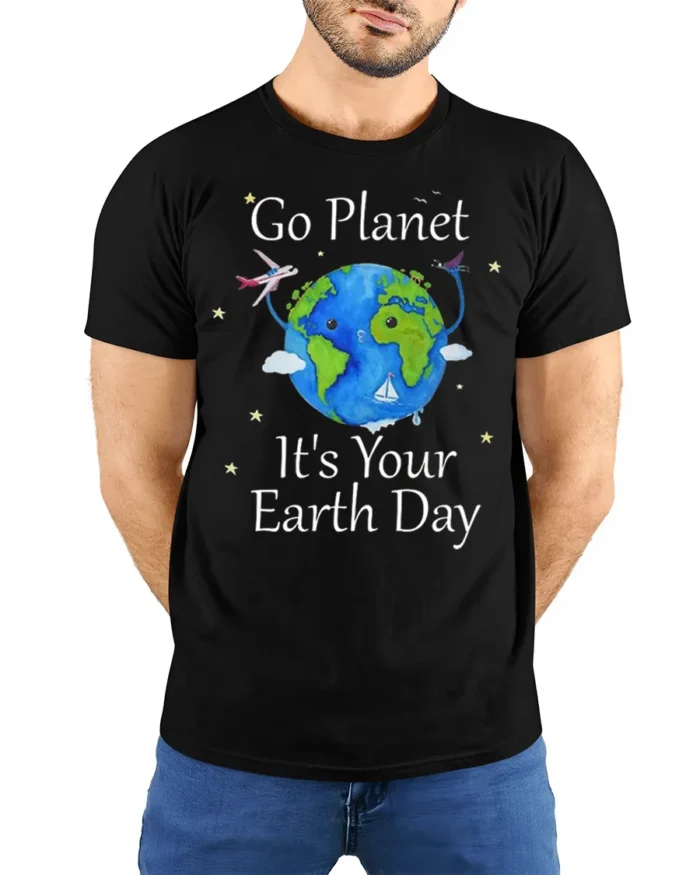 Cute Earth Day Globe Celebration T-Shirt - model wearing black shirt, hands behind back