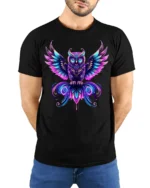 Mystic Neon Owl Art Graphic T-Shirt - model wearing black shirt, hands behind back