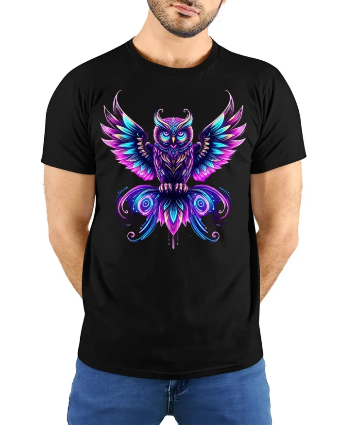 Mystic Neon Owl Art Graphic T-Shirt - model wearing black shirt, hands behind back