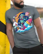 Alien Surfer Rocket Ride Graphic T-Shirt - model in grey shirt leaning against column
