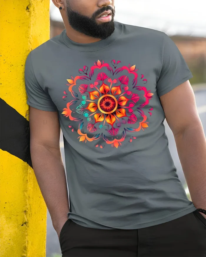 Boho Mandala Flower Burst T-Shirt - model in grey shirt leaning against column