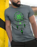 Lucky Dreamcatcher Shamrock Feather T-Shirt - model in grey shirt leaning against column