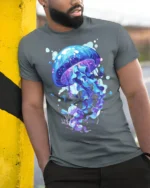 Mystic Jellyfish T-Shirt - Ocean Art Style - model in grey shirt leaning against column