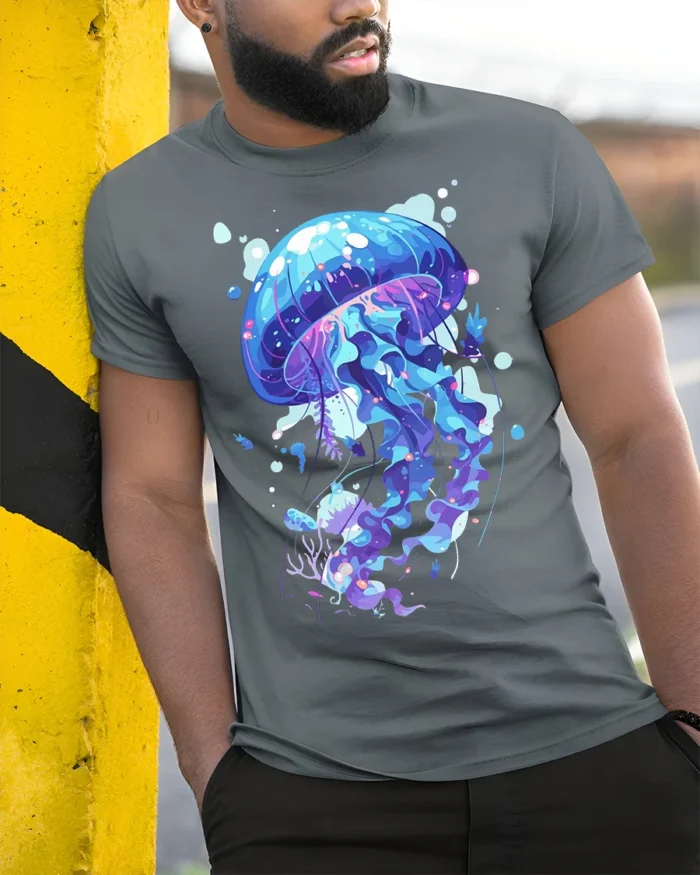 Mystic Jellyfish T-Shirt - Ocean Art Style - model in grey shirt leaning against column