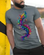 Psychedelic Swirl T-Shirt - Rainbow Art Print - model in grey shirt leaning against column