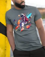 Colorful Astronaut T-Shirt - Space Art Design - model in grey shirt leaning against column