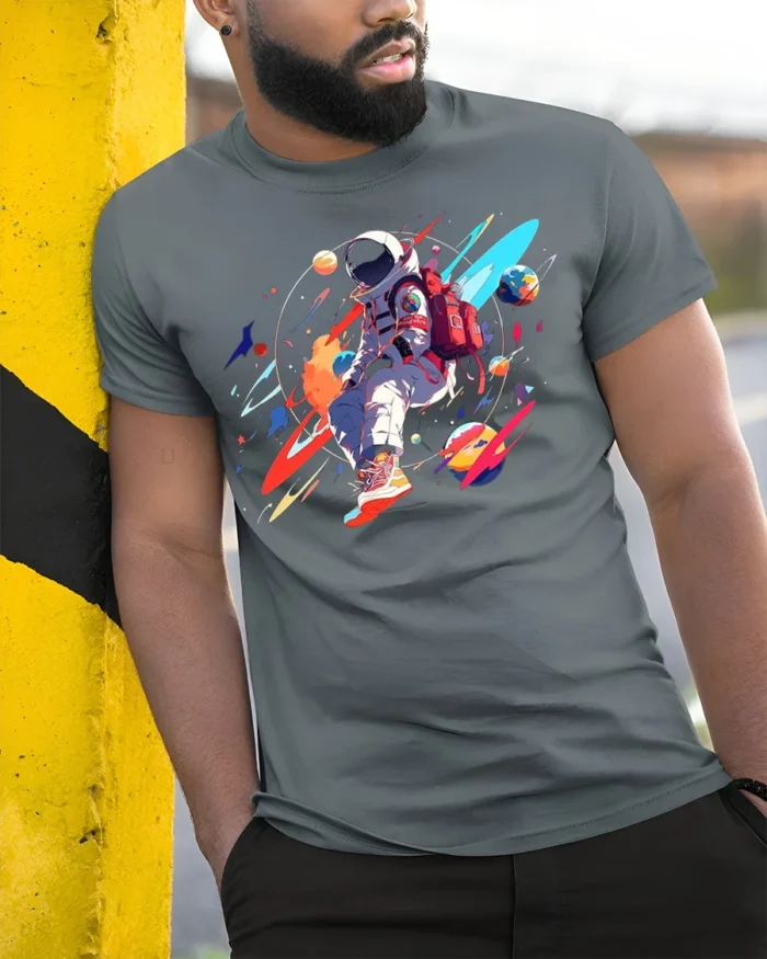 Colorful Astronaut T-Shirt - Space Art Design - model in grey shirt leaning against column