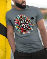 Graffiti Dartboard T-Shirt - Target Hit Style - model in grey shirt leaning against column