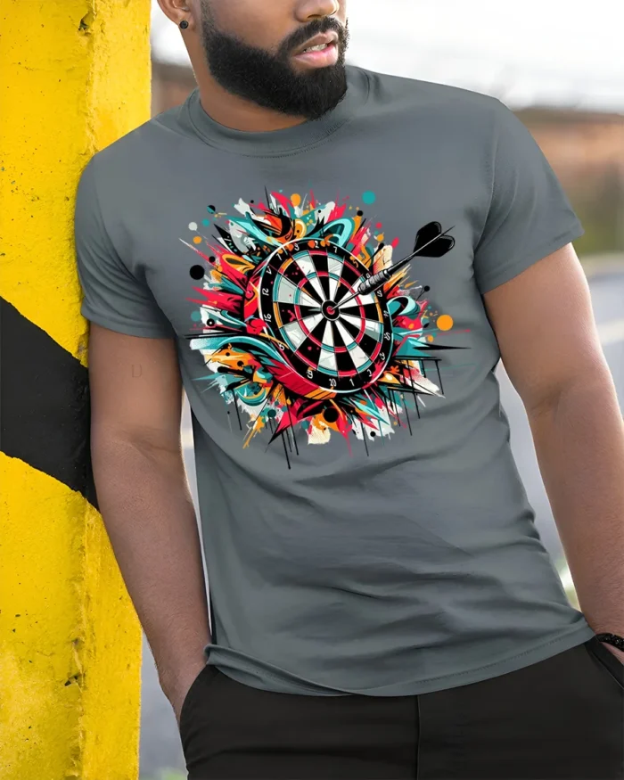Graffiti Dartboard T-Shirt - Target Hit Style - model in grey shirt leaning against column
