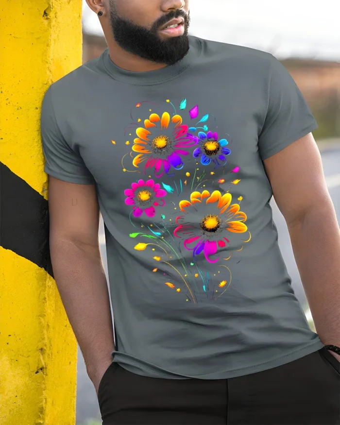 Neon Bloom Floral T-Shirt - Colorful Flower Art - model in grey shirt leaning against column