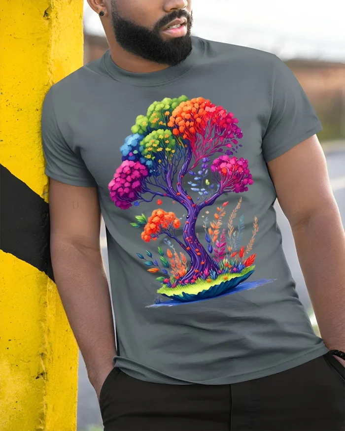 Rainbow Fantasy Tree Nature Art T-Shirt - model in grey shirt leaning against column