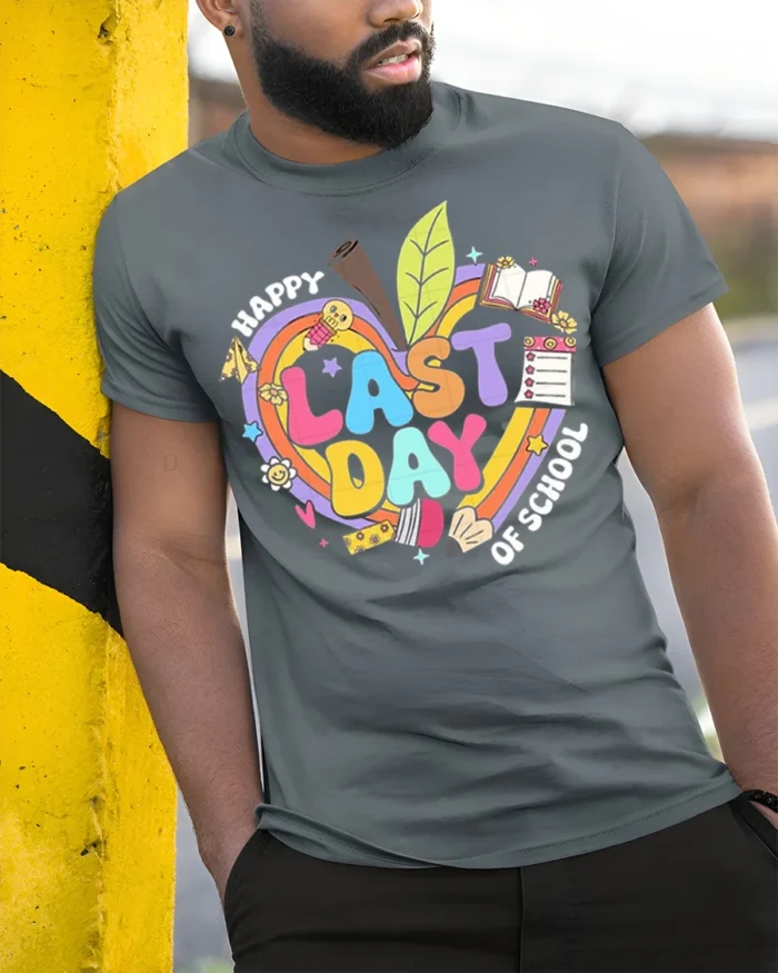 Happy Last Day of School T-Shirt - model in grey shirt leaning against column