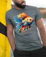 Colorful Betta Fish Art Graphic T-Shirt - model in grey shirt leaning against column